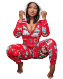 Women fall Christmas Cartoon Print Jumpsuit Bodysuit Front Zipper Long Sleeve Fitness Jumpsuits Hooded Homewear Playsuit