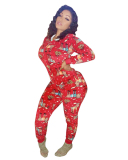 Women fall Christmas Cartoon Print Jumpsuit Bodysuit Front Zipper Long Sleeve Fitness Jumpsuits Hooded Homewear Playsuit