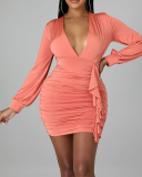 Fashion Ruched Solid Color Bodycon Mini Dresses Deep V Neck Sheath Dress Multi Color S-XL