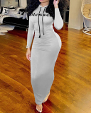 New Women Casual Long Sleeve Letters Printed Hoodies Maxi Dresses Gray Red Black S-2XL