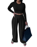 Women Long Sleeve Solid Color O-Neck Pants Sets Two Pieces Outfit Orange Gray Black Brown Army Green S-2XL