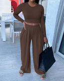 Women Long Sleeve Solid Color O-Neck Pants Sets Two Pieces Outfit Orange Gray Black Brown Army Green S-2XL