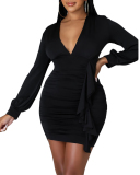 Fashion Ruched Solid Color Bodycon Mini Dresses Deep V Neck Sheath Dress Multi Color S-XL