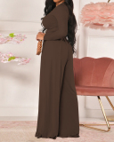 Women Long Sleeve Solid Color O-Neck Pants Sets Two Pieces Outfit Orange Gray Black Brown Army Green S-2XL