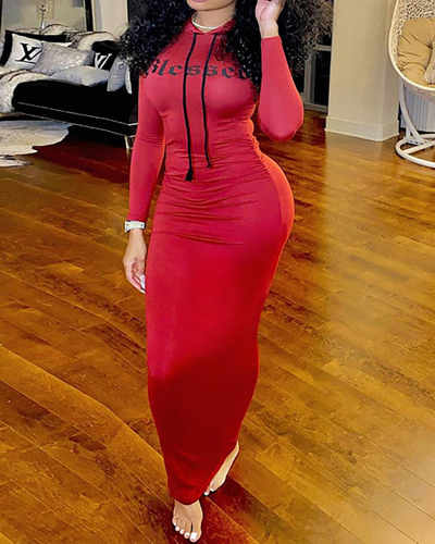 New Women Casual Long Sleeve Letters Printed Hoodies Maxi Dresses Gray Red Black S-2XL
