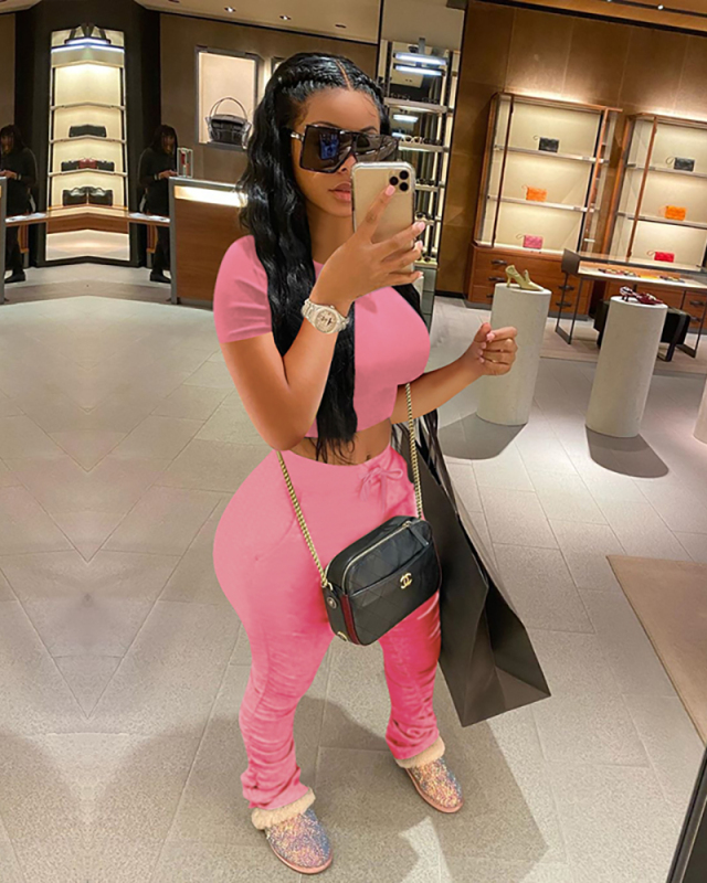 Solid Color Women Fashion Two Piece Set