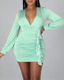 Fashion Ruched Solid Color Bodycon Mini Dresses Deep V Neck Sheath Dress Multi Color S-XL