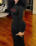 New Women Casual Long Sleeve Letters Printed Hoodies Maxi Dresses Gray Red Black S-2XL