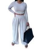 Women Long Sleeve Solid Color O-Neck Pants Sets Two Pieces Outfit Orange Gray Black Brown Army Green S-2XL