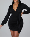 Fashion Ruched Solid Color Bodycon Mini Dresses Deep V Neck Sheath Dress Multi Color S-XL