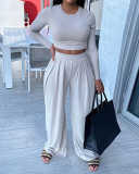 Women Long Sleeve Solid Color O-Neck Pants Sets Two Pieces Outfit Orange Gray Black Brown Army Green S-2XL