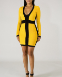 V-neck Yellow Women Slim Dress