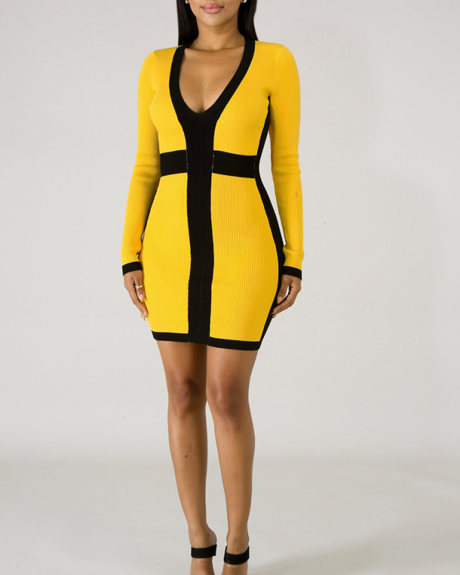 V-neck Yellow Women Slim Dress