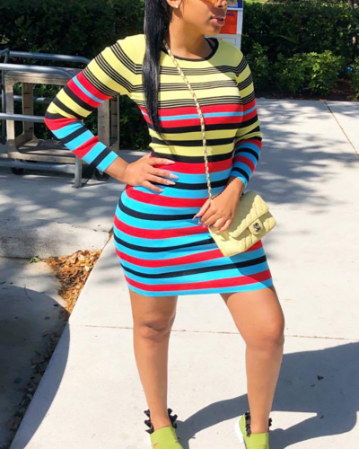Sexy Colorful Horizontal Striped Dress Round Neck Casual Dress S-2XL