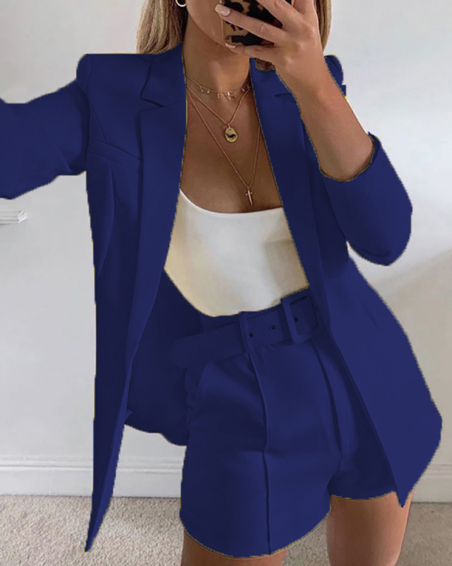 Ladies Fashion New Sexy Temperament Casual Lapel Top Shorts Suit Suit Solid Color S-3XL