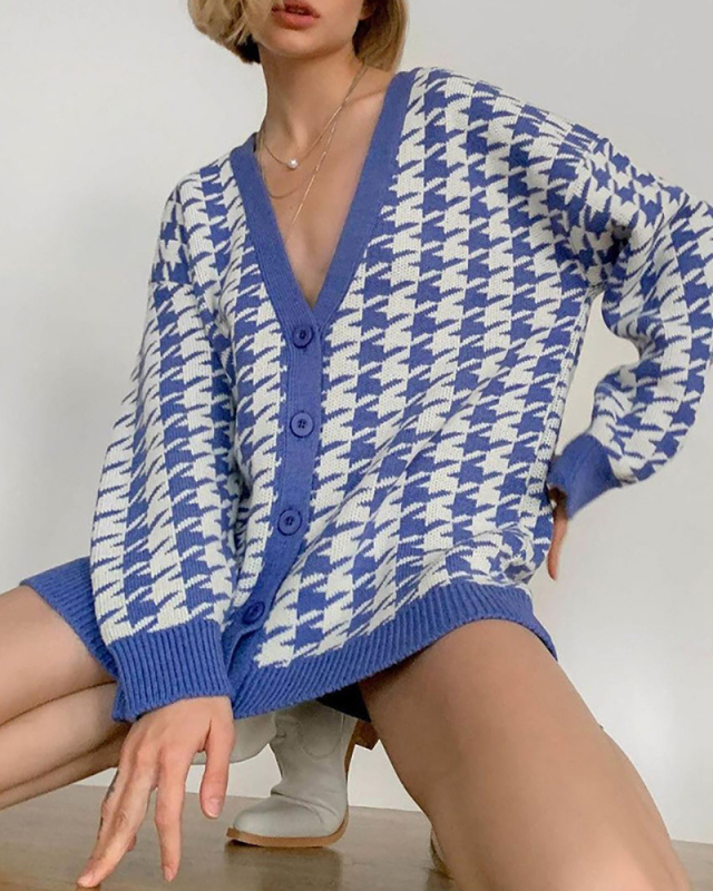 Casual Geometric England Style Sweater Woman V-Neck Long Sleeve Cardigan S-XL