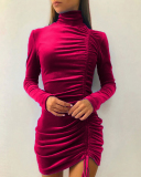 Ladies Fashion New Suede Drawstring Turtleneck Dress Solid Color S-XXXL