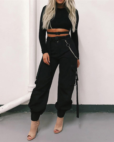 Ladies Fashion New Style Ribbon Schoolbag Buckle Casual Pants Women Harem Pants Overalls S-XL