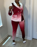 Office Lady Retro Gradients Long Sleeve Suit Two Pieces Outfit Blue Green Wine Red S-2XL