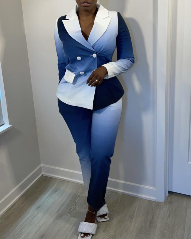 Office Lady Retro Gradients Long Sleeve Suit Two Pieces Outfit Blue Green Wine Red S-2XL