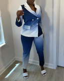 Office Lady Retro Gradients Long Sleeve Suit Two Pieces Outfit Blue Green Wine Red S-2XL