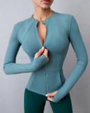 Ladies Fashion Round Neck Workout Long-Sleeved Pockets Zipper Tght-Fitting Slimming Sports Fitness Yoga Top S-XL