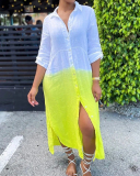 Ladies Fashion New Loose Tie Dye Gradient Buttons V-Neck Half Sleeve Shirt One-Piece Dress S-XXL