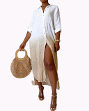 Ladies Fashion New Loose Tie Dye Gradient Buttons V-Neck Half Sleeve Shirt One-Piece Dress S-XXL