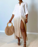Ladies Fashion New Loose Tie Dye Gradient Buttons V-Neck Half Sleeve Shirt One-Piece Dress S-XXL