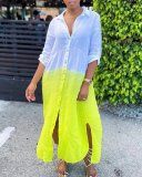 Ladies Fashion New Loose Tie Dye Gradient Buttons V-Neck Half Sleeve Shirt One-Piece Dress S-XXL
