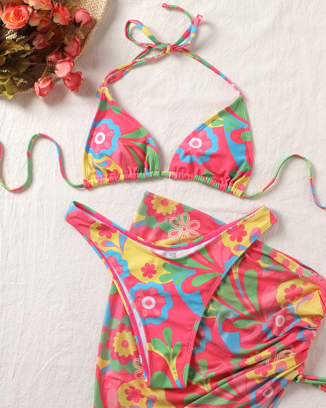 Printed Three Piece Cute Swimsuit Swimwear S-L