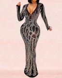 Ladies Fashion New Nightclub Sexy Hot Rhinestone Diamond Perspective Net Yarn Shiny One-Piece Dress S-XXL