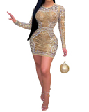 Ladies Fashion Sexy Nightclub Milky Silk Hot Rhinestone Color Rhinestone Long Sleeve Dress S-XXL