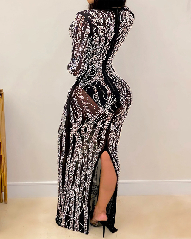 Ladies Fashion New Nightclub Sexy Hot Rhinestone Diamond Perspective Net Yarn Shiny One-Piece Dress S-XXL