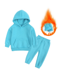Kids Autumn Winter Long Sleeve Solid Color Hoodies Plus Fleece Sportswear Two Piece Sets