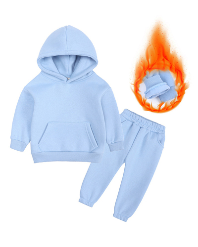 Kids Autumn Winter Long Sleeve Solid Color Hoodies Plus Fleece Sportswear Two Piece Sets