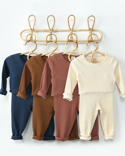 Kids Solid Color Long Sleeve O-Neck Pit Article Fabrics Sleepwear Home Wear Tracksuit Two Pieces Set