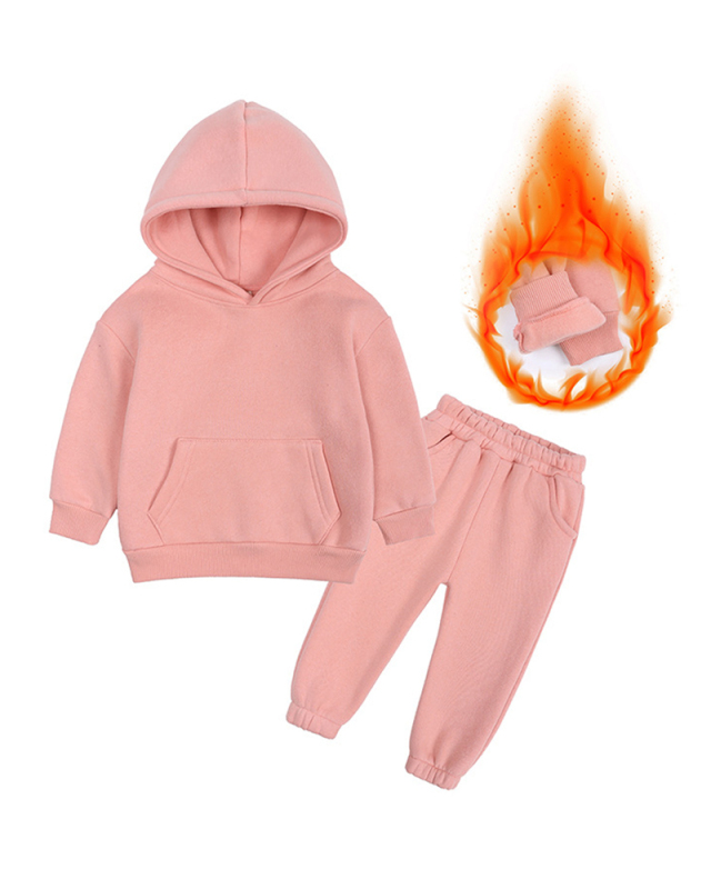 Kids Autumn Winter Long Sleeve Solid Color Hoodies Plus Fleece Sportswear Two Piece Sets