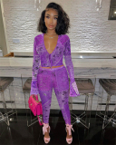 See Through Women Long Sleeve V-neck Autumn Two Piece Pant Set S-XL