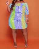 Women Sexy Stripe Strapless One Piece Dress Purple Orange Pink Green 2XL-5XL