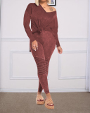Fashion Loose Clothes Set Women Two-pieces Outfits V-neck Long Sleeve Tops Long Pants Casual Playsuits Set Clothes Brown Blue Wine Red S-2XL