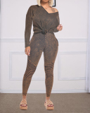 Fashion Loose Clothes Set Women Two-pieces Outfits V-neck Long Sleeve Tops Long Pants Casual Playsuits Set Clothes Brown Blue Wine Red S-2XL