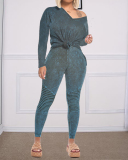 Fashion Loose Clothes Set Women Two-pieces Outfits V-neck Long Sleeve Tops Long Pants Casual Playsuits Set Clothes Brown Blue Wine Red S-2XL