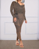 Fashion Loose Clothes Set Women Two-pieces Outfits V-neck Long Sleeve Tops Long Pants Casual Playsuits Set Clothes Brown Blue Wine Red S-2XL
