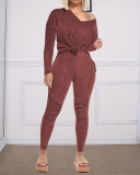 Fashion Loose Clothes Set Women Two-pieces Outfits V-neck Long Sleeve Tops Long Pants Casual Playsuits Set Clothes Brown Blue Wine Red S-2XL