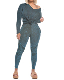 Fashion Loose Clothes Set Women Two-pieces Outfits V-neck Long Sleeve Tops Long Pants Casual Playsuits Set Clothes Brown Blue Wine Red S-2XL