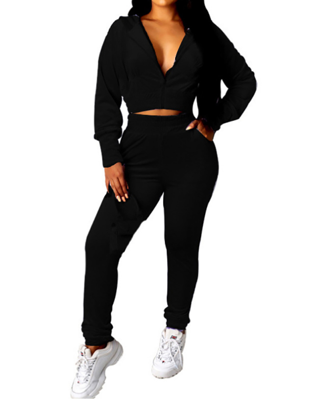 Women Solid Color Causal Hoodies Two Piece Set White Pink Gray Black S-2XL