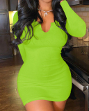Lady Solid Color LOng Sleeve Slim One Piece Dress S-3XL 