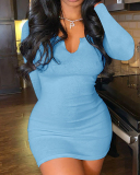 Lady Solid Color LOng Sleeve Slim One Piece Dress S-3XL 