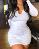 Lady Solid Color LOng Sleeve Slim One Piece Dress S-3XL 